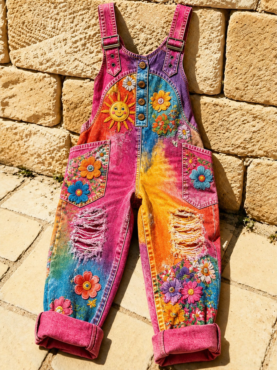 Women's Retro Style Art Print Washed Cotton Denim Patchwork Jumpsuit